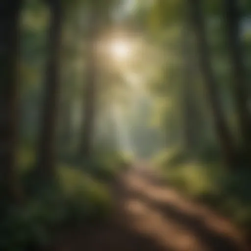 A tranquil view of a memorial forest with sunlight filtering through the trees