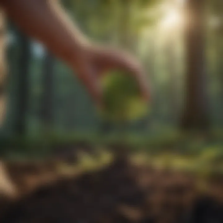 Close-up of a young tree being planted with care