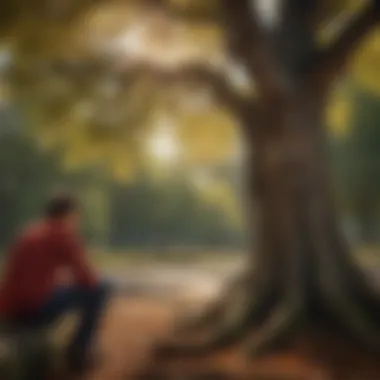 An individual reflecting beside a memorial tree