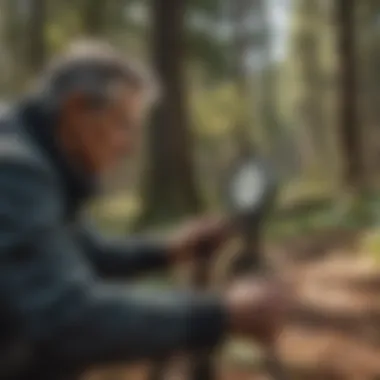 A professional using a clinometer to measure tree height