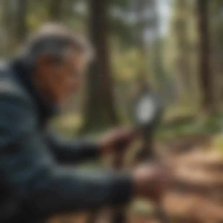 A professional using a clinometer to measure tree height