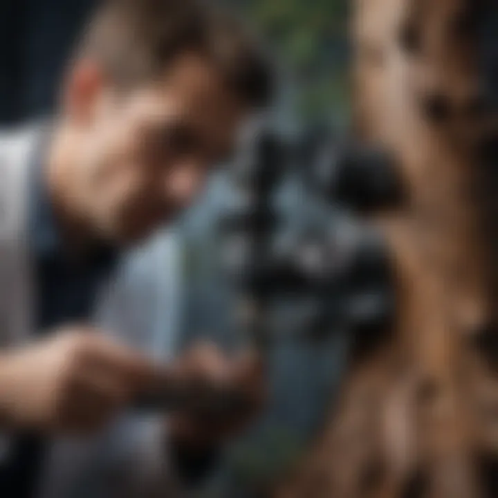 Scientist examining pine tree blight under a microscope