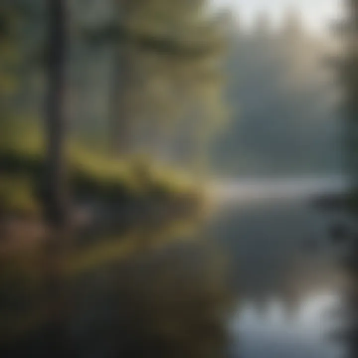 Misty morning fog over tranquil lake in American forest