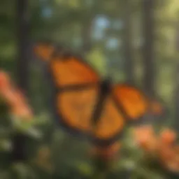 Elegant monarch butterfly in flight showcasing its vibrant wings against a clear sky.