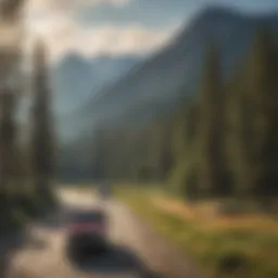 A scenic view of Montana landscape with a vehicle driving through the mountains