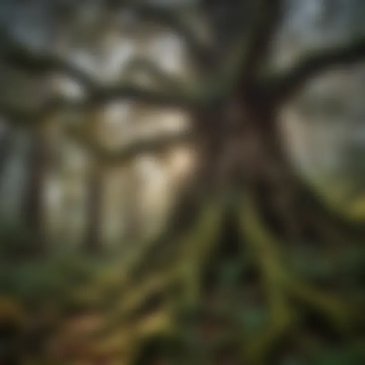Moss-covered ancient cedar tree in mystical Pacific Northwest woodland