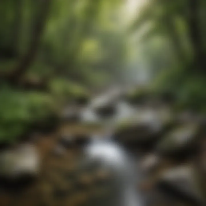 Tranquil Stream in Green Valley Crystal clear mountain stream flowing through a lush green valley