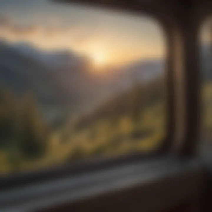 Mountain view from camper window at sunrise