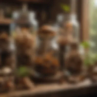 A traditional apothecary setting with jars of dried mushrooms and herbal remedies