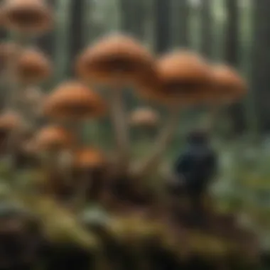 Microscopic Exploration of Mushroom Structures A mycologist studying the intricate structures of mushrooms under a microscope