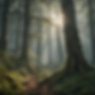 Mysterious mist shrouding ancient trees in the heart of the forest