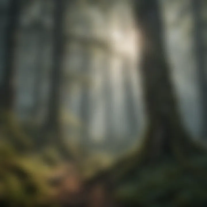 Mysterious mist shrouding ancient trees in the heart of the forest