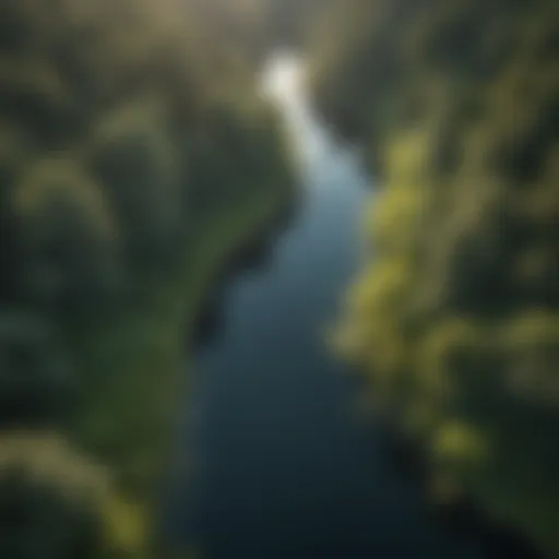 Aerial view of Mystic Lake surrounded by lush greenery