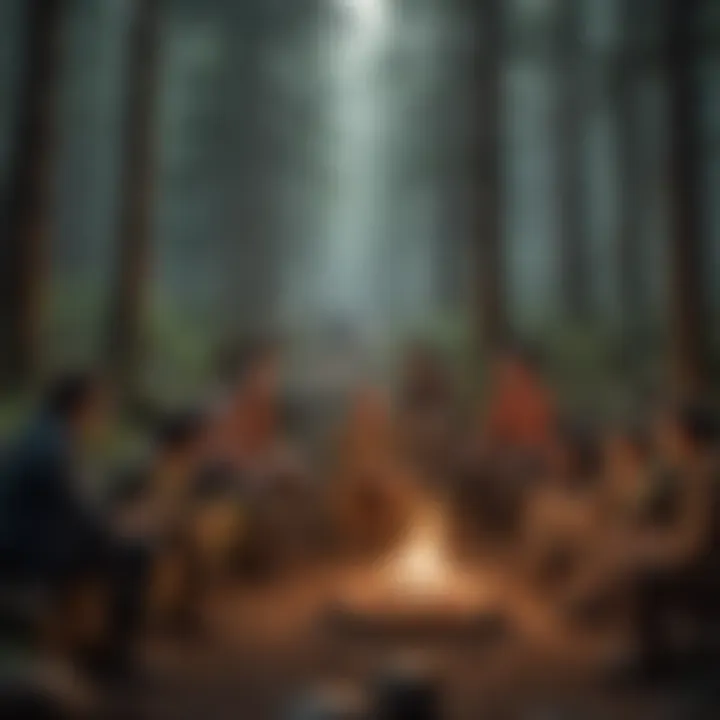 Illustration of diverse individuals engaging in cultural exchange at a national camp