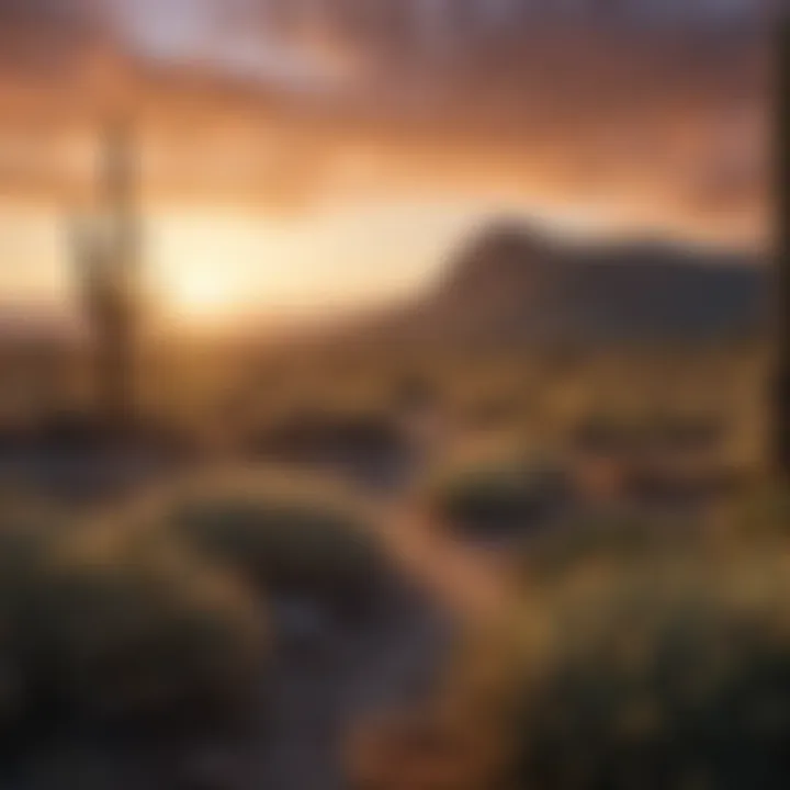 Dusk Serenity: National Parks Sunset Sunset over a vast desert landscape with cacti silhouettes