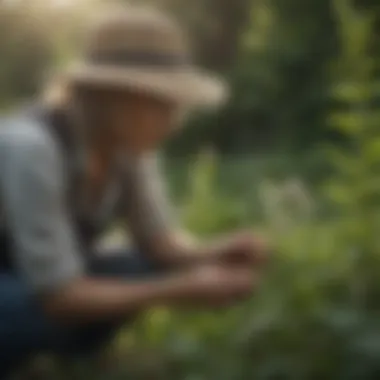 Dedicated Gardener Nurturing Young Milkweed Plant Nature enthusiast tending to young common milkweed plant
