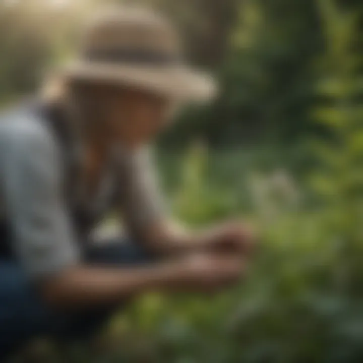 Dedicated Gardener Nurturing Young Milkweed Plant Nature enthusiast tending to young common milkweed plant
