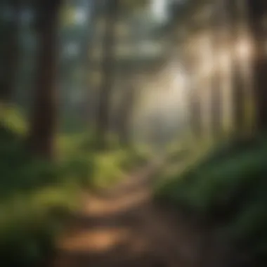 A serene hiking trail winding through lush green trees in the forest.