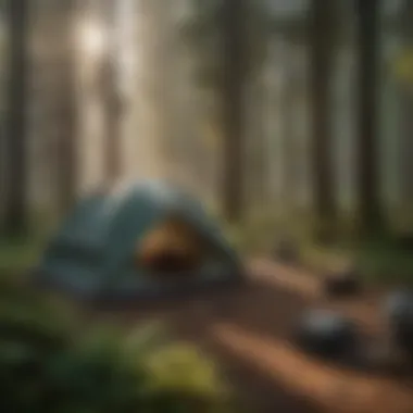 Campers setting up tents at a serene campsite