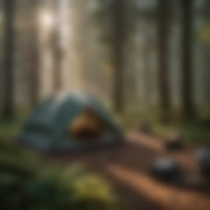 Campers setting up tents at a serene campsite