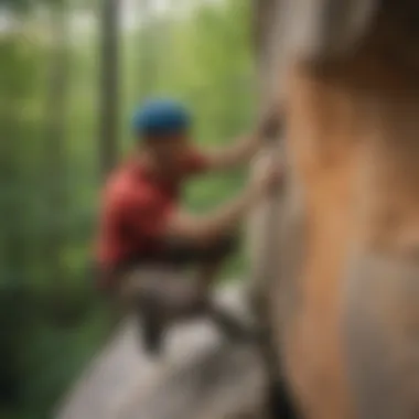 Climber Conquering a Sandstone Boulder A climber scaling a vibrant sandstone boulder