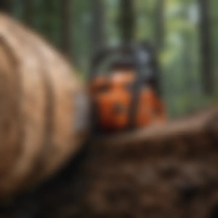 Close-up of a chainsaw cutting through a tree trunk