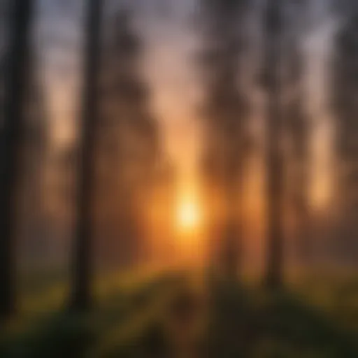 Silhouettes of trees against a sunset sky