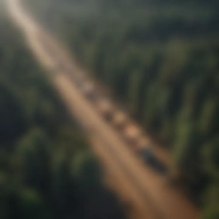 Aerial view of logging trucks in a dense forest