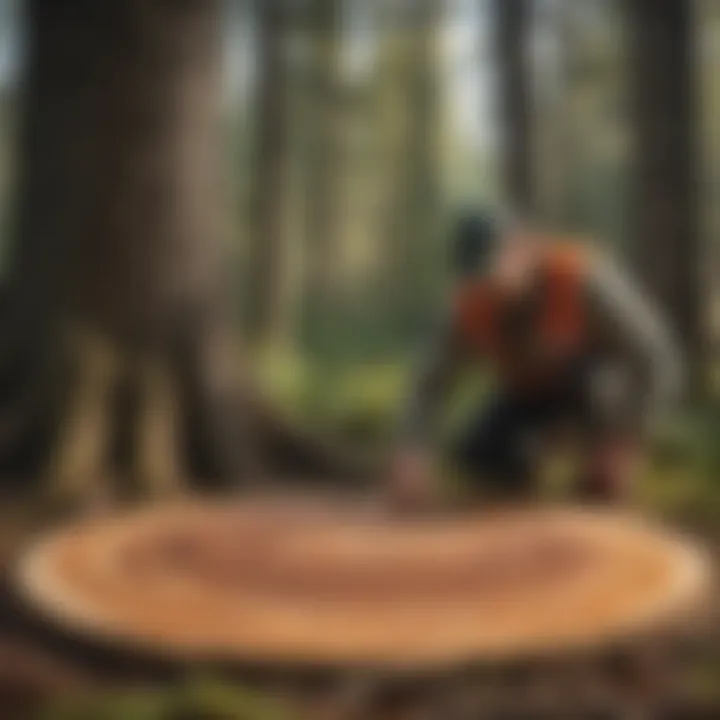 Forest worker examining tree growth rings