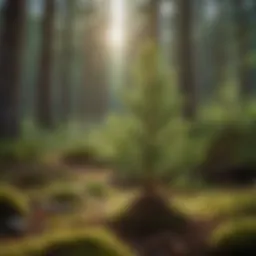 Young Norwegian spruce seedlings in a natural forest setting