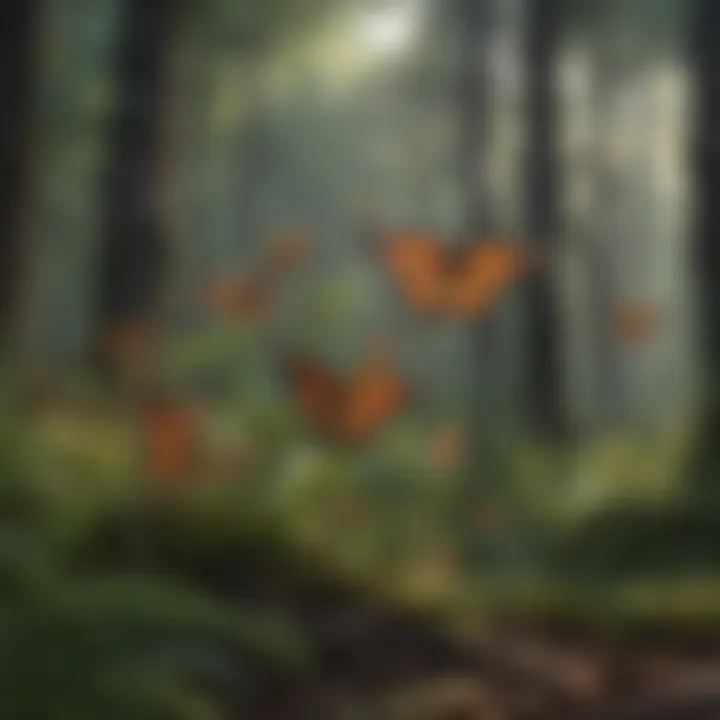 A serene view of a forested area where monarch butterflies congregate