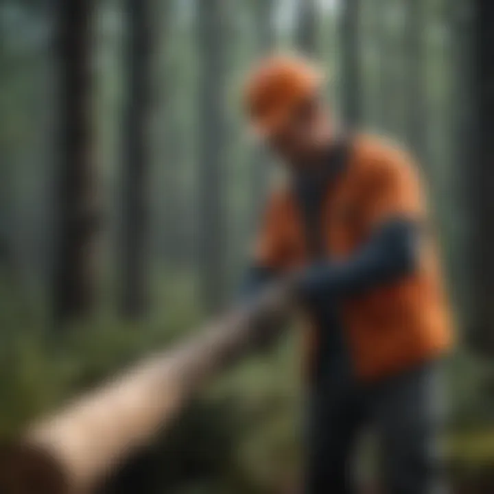 Forestry worker using a pole saw to remove branches