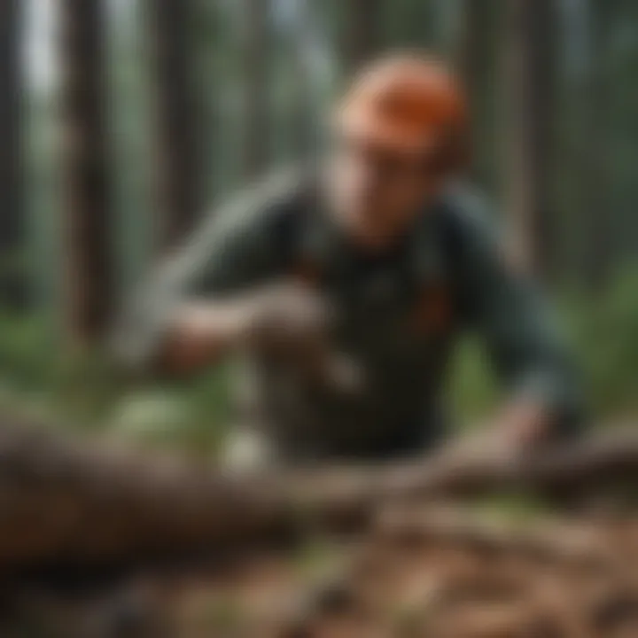 Close-up of professional forester using precision tools for tree thinning