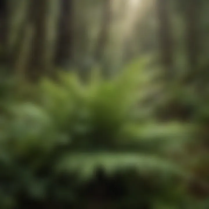 Close-up of ferns thriving in the moist undergrowth