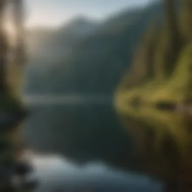 Panoramic view of a serene lake reflecting surrounding mountains