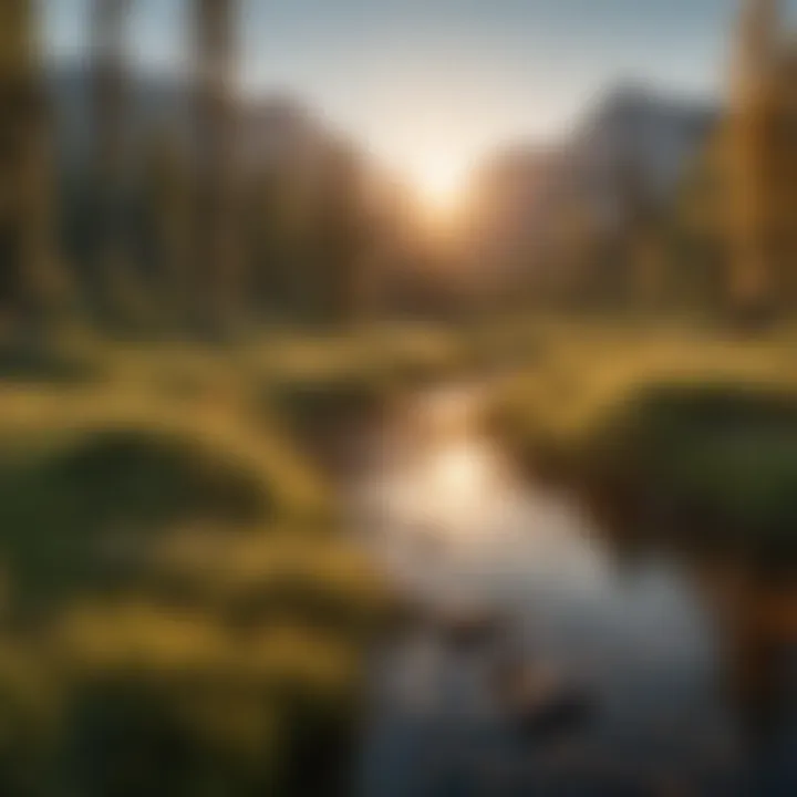 A peaceful morning sunrise casting a golden glow over the mountains surrounding Headwaters Lodge