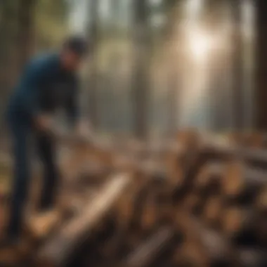 Pine firewood being chopped outdoors