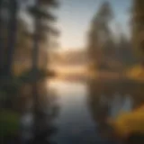 A serene view of Pine Flats Lake at sunrise, showcasing the calm waters and surrounding hills.