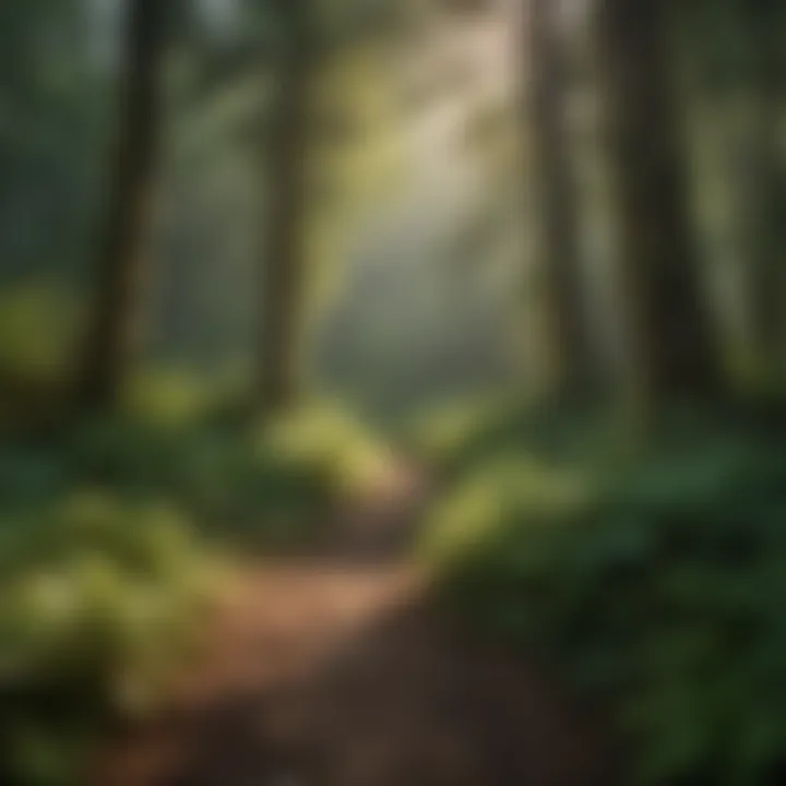A serene woodland scene with ferns growing among trees.
