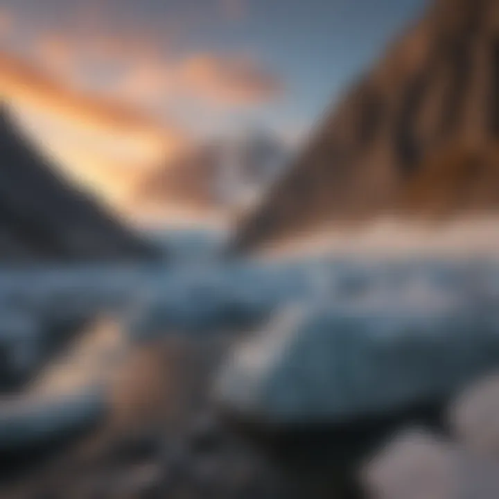 Sunset casting a golden glow on glacier's icy facade