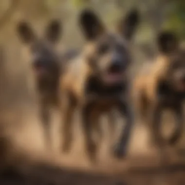 Dynamic African Wild Dogs in Pursuit Powerful Pack of African Wild Dogs