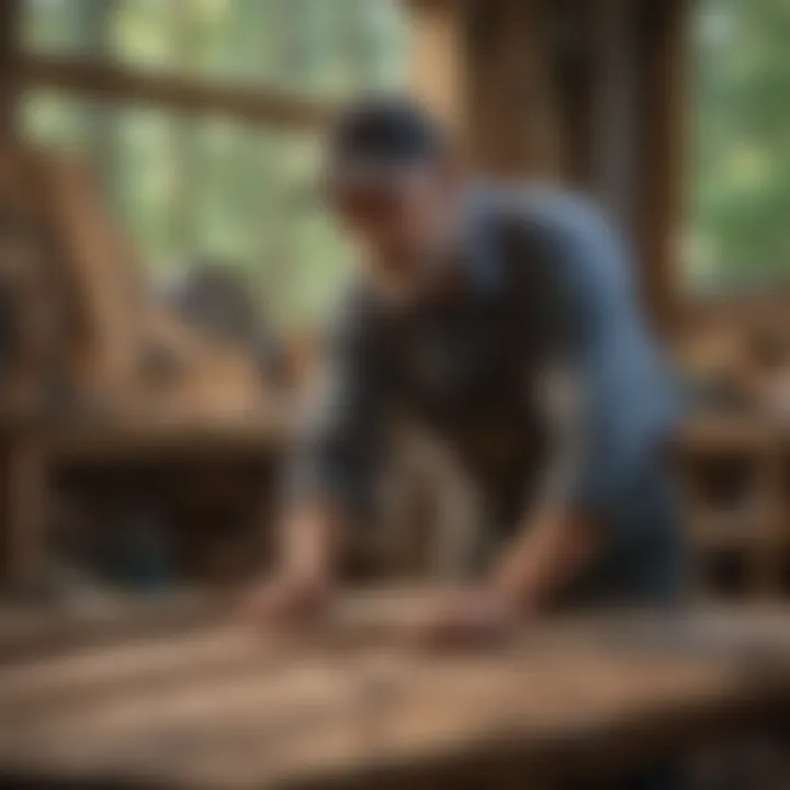 Craftsman working with reclaimed lumber in Seattle workshop