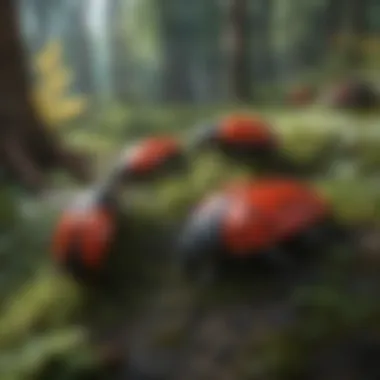 A group of red and black bugs in their natural habitat