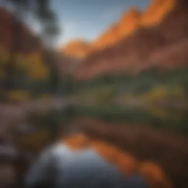 Peaceful lake reflection at Red Canyon Lodge during sunset