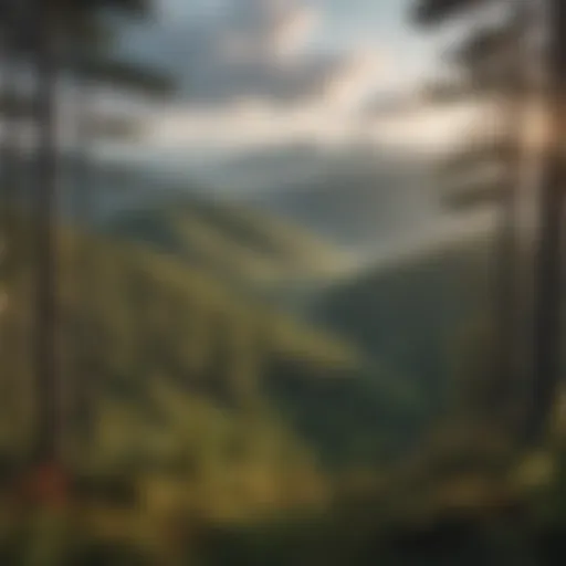 Breathtaking Panoramic Vista from Red Top Lookout A panoramic view showcasing the lush forest and distant mountains from Red Top Lookout.