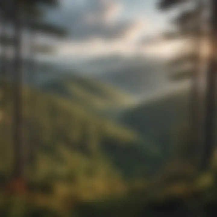 Breathtaking Panoramic Vista from Red Top Lookout A panoramic view showcasing the lush forest and distant mountains from Red Top Lookout.