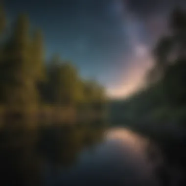 Reflection of the starlit sky on the serene lake at night