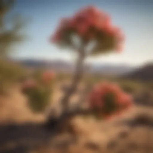 Resilient desert peach plant with vibrant blossoms against arid desert backdrop