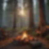 Rustic campfire setting amidst towering trees