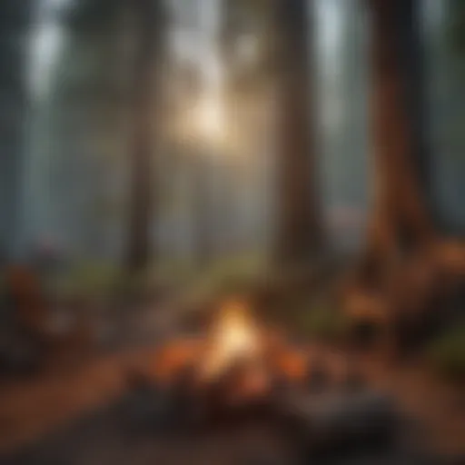 Rustic campfire setting amidst towering trees